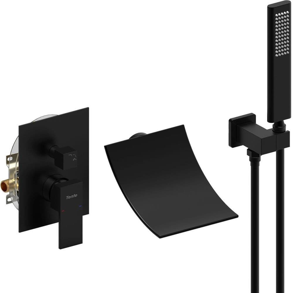 image-Male NPT Waterfall Shower head with Handheld, Matte Black Bathtub Shower Faucet with High Flow Wall Mount Tub Faucet, Single Handle Bathroom Tub Mixer Tap Hand Shower System with Curved Spout Commerci