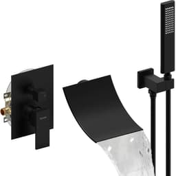 image-Male NPT Waterfall Shower head with Handheld, Matte Black Bathtub Shower Faucet with High Flow Wall Mount Tub Faucet, Single Handle Bathroom Tub Mixer Tap Hand Shower System with Curved Spout Commerci