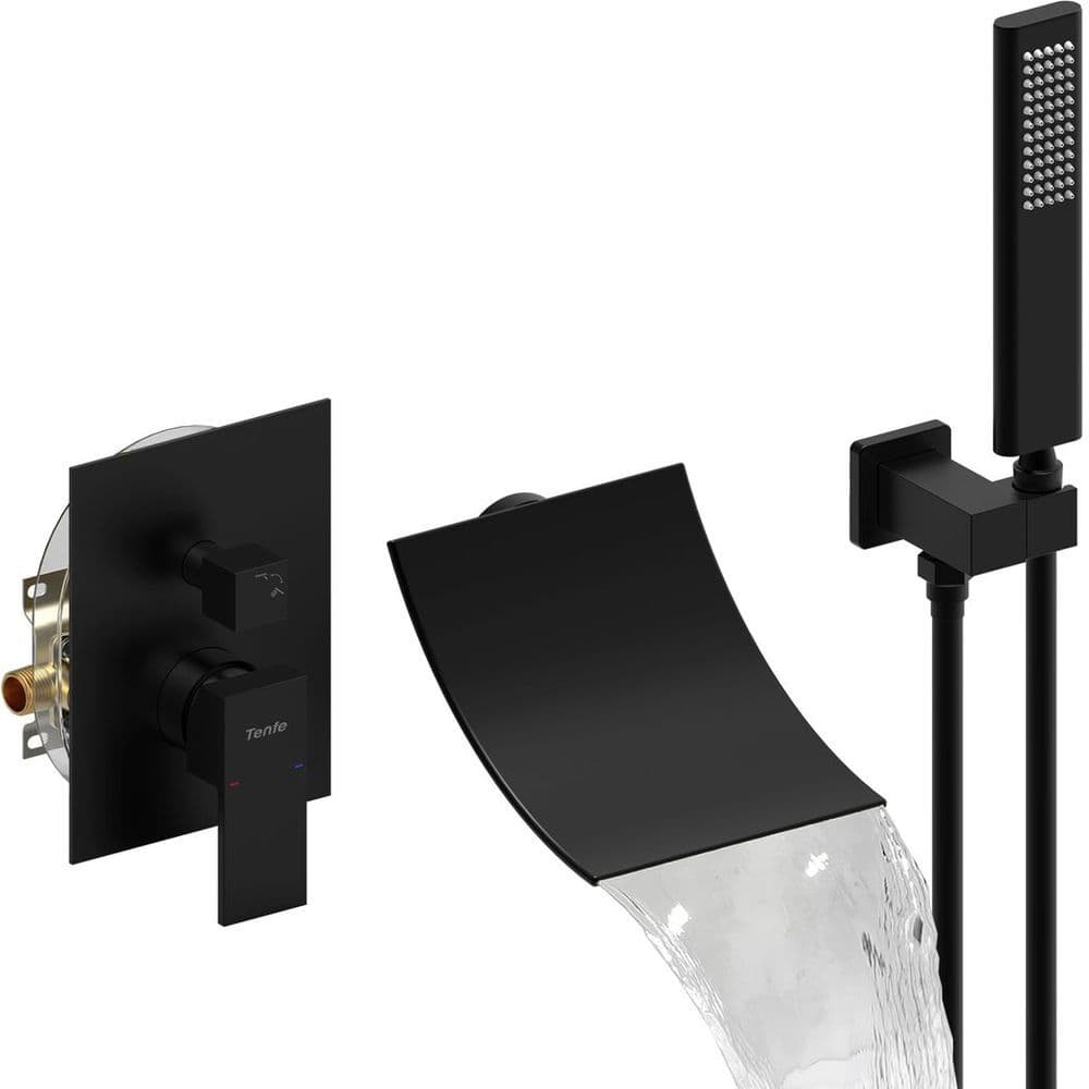 image-Male NPT Waterfall Shower head with Handheld, Matte Black Bathtub Shower Faucet with High Flow Wall Mount Tub Faucet, Single Handle Bathroom Tub Mixer Tap Hand Shower System with Curved Spout Commerci