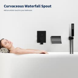 image-Male NPT Waterfall Shower head with Handheld, Matte Black Bathtub Shower Faucet with High Flow Wall Mount Tub Faucet, Single Handle Bathroom Tub Mixer Tap Hand Shower System with Curved Spout Commerci