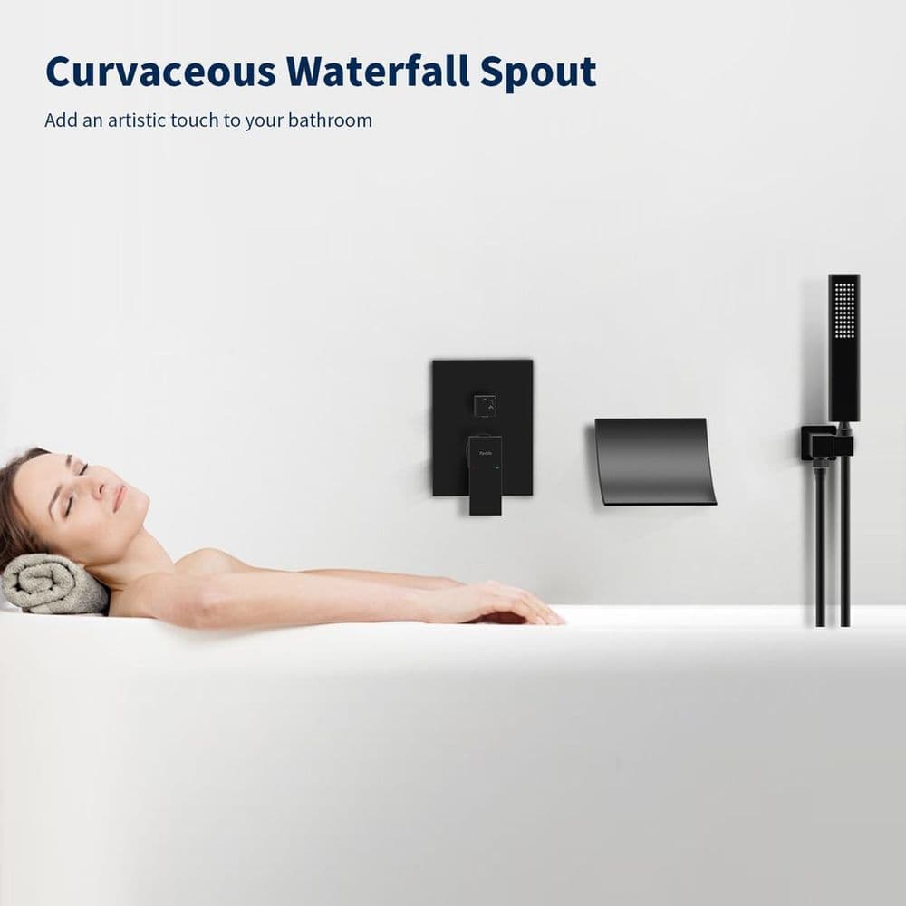 image-Male NPT Waterfall Shower head with Handheld, Matte Black Bathtub Shower Faucet with High Flow Wall Mount Tub Faucet, Single Handle Bathroom Tub Mixer Tap Hand Shower System with Curved Spout Commerci