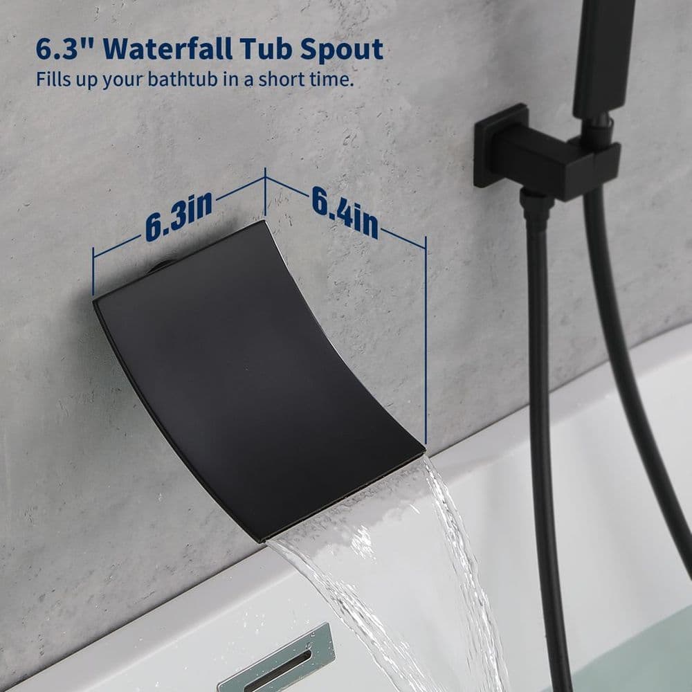 image-Male NPT Waterfall Shower head with Handheld, Matte Black Bathtub Shower Faucet with High Flow Wall Mount Tub Faucet, Single Handle Bathroom Tub Mixer Tap Hand Shower System with Curved Spout Commerci