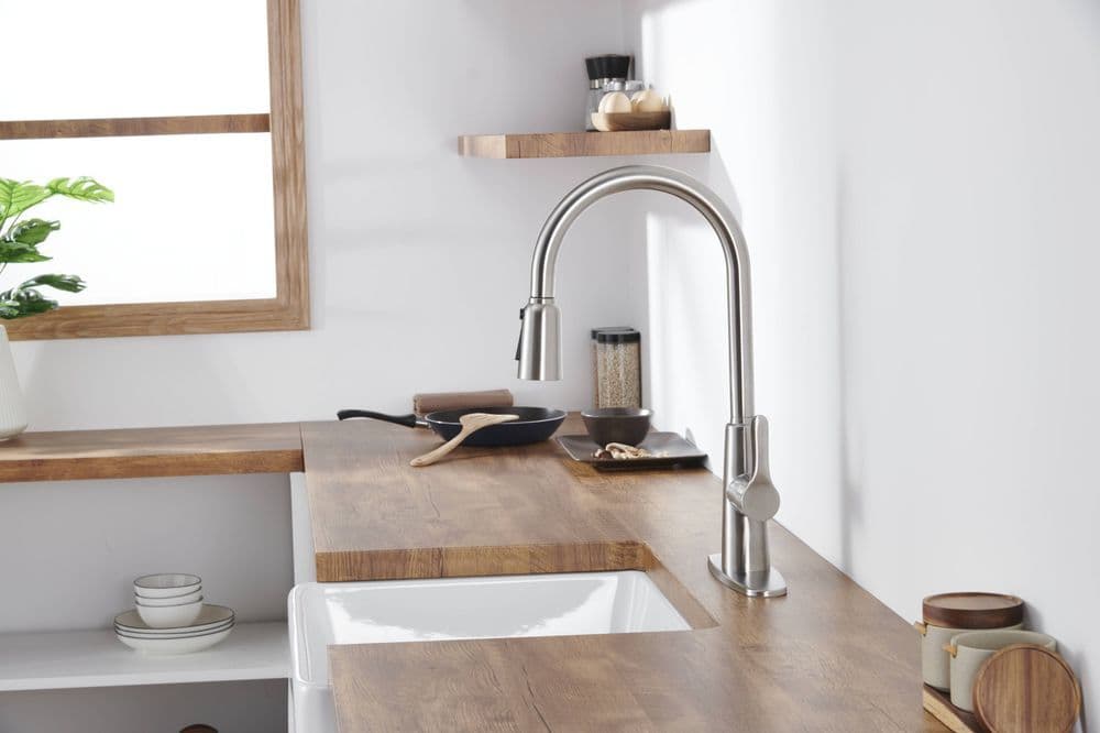 image-Kitchen Sink Faucet with Pull Out Sprayer Brushed Nickle,Stainless Steel High Arc Kitchen Sink Faucet, 3 Way Setting Single Handle Kitchen Faucets with Deck Plate
