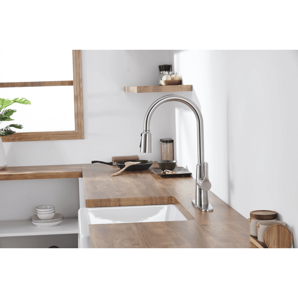 image-Kitchen Sink Faucet with Pull Out Sprayer Brushed Nickle,Stainless Steel High Arc Kitchen Sink Faucet, 3 Way Setting Single Handle Kitchen Faucets with Deck Plate