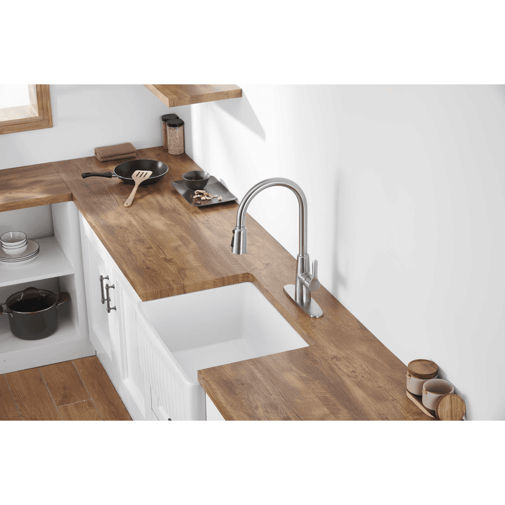 image-Kitchen Sink Faucet with Pull Out Sprayer Brushed Nickle,Stainless Steel High Arc Kitchen Sink Faucet, 3 Way Setting Single Handle Kitchen Faucets with Deck Plate