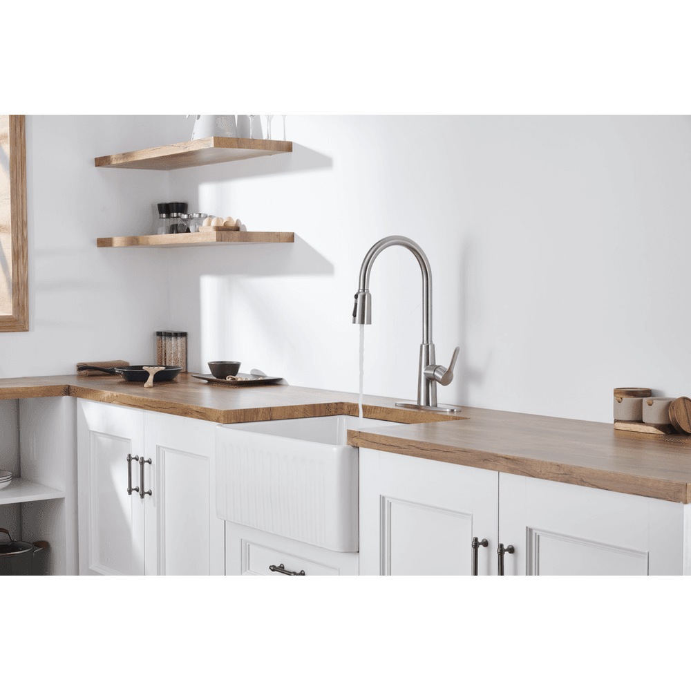 image-Kitchen Sink Faucet with Pull Out Sprayer Brushed Nickle,Stainless Steel High Arc Kitchen Sink Faucet, 3 Way Setting Single Handle Kitchen Faucets with Deck Plate