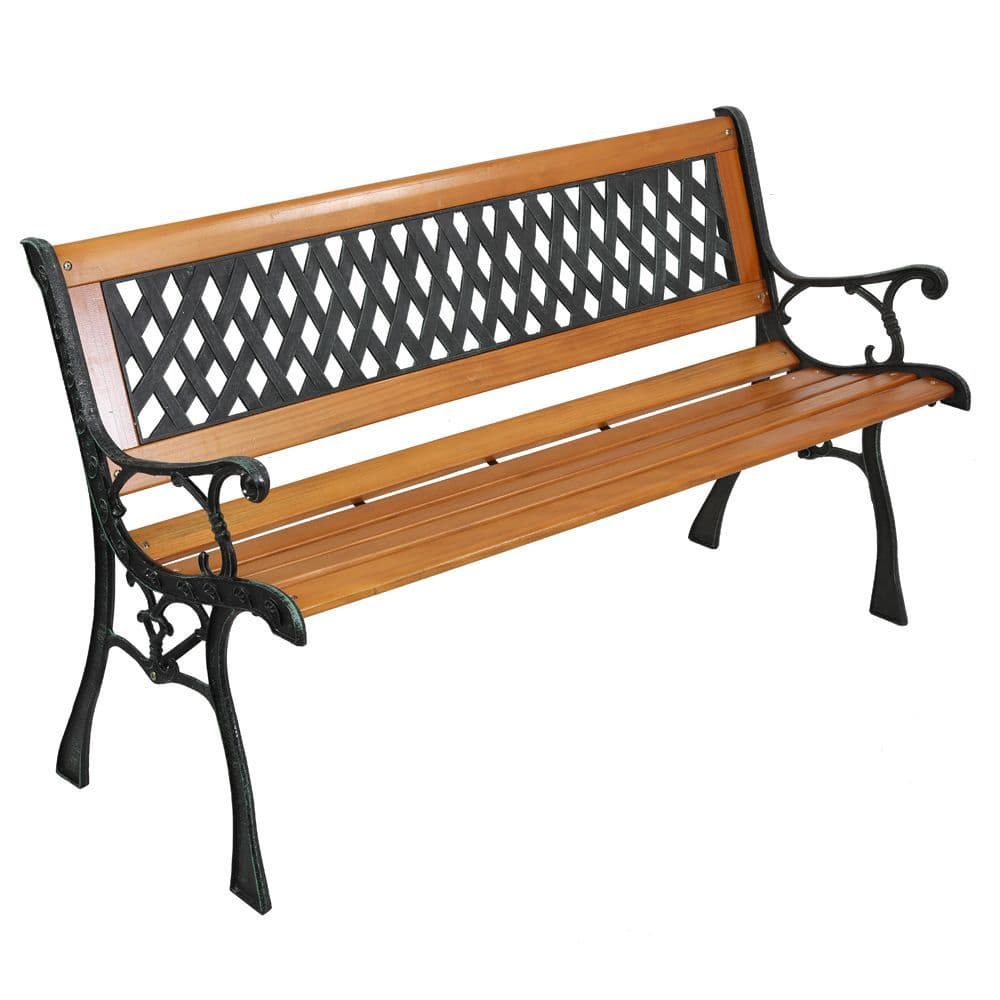 image-49" Garden Bench Patio Porch Chair Deck Hardwood Cast Iron Love Seat Weave Style Back