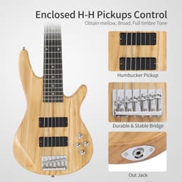 image-Glarry Full Size GIB 6 String H-H Pickup Electric Bass Guitar Bag Strap Pick Connector Wrench Tool Burlywood
