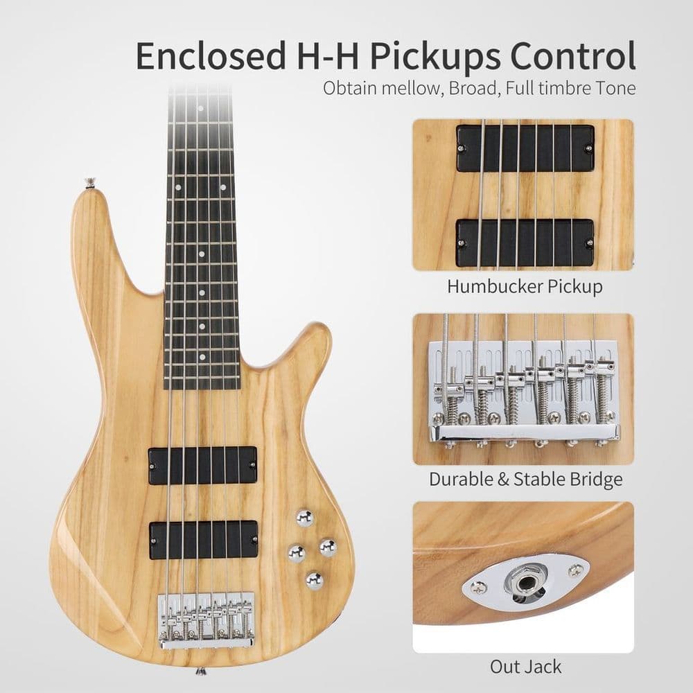 image-Glarry Full Size GIB 6 String H-H Pickup Electric Bass Guitar Bag Strap Pick Connector Wrench Tool Burlywood