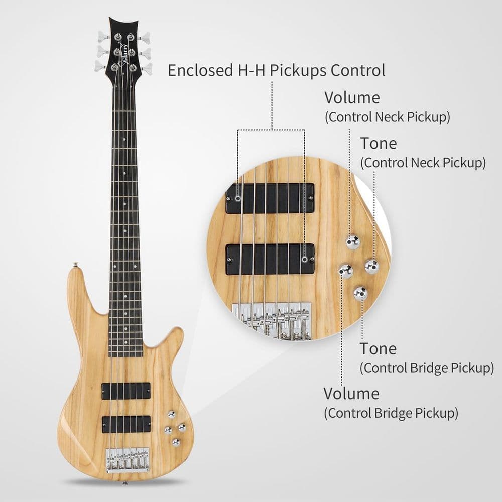 image-Glarry Full Size GIB 6 String H-H Pickup Electric Bass Guitar Bag Strap Pick Connector Wrench Tool Burlywood
