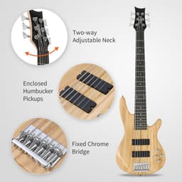 image-Glarry Full Size GIB 6 String H-H Pickup Electric Bass Guitar Bag Strap Pick Connector Wrench Tool Burlywood