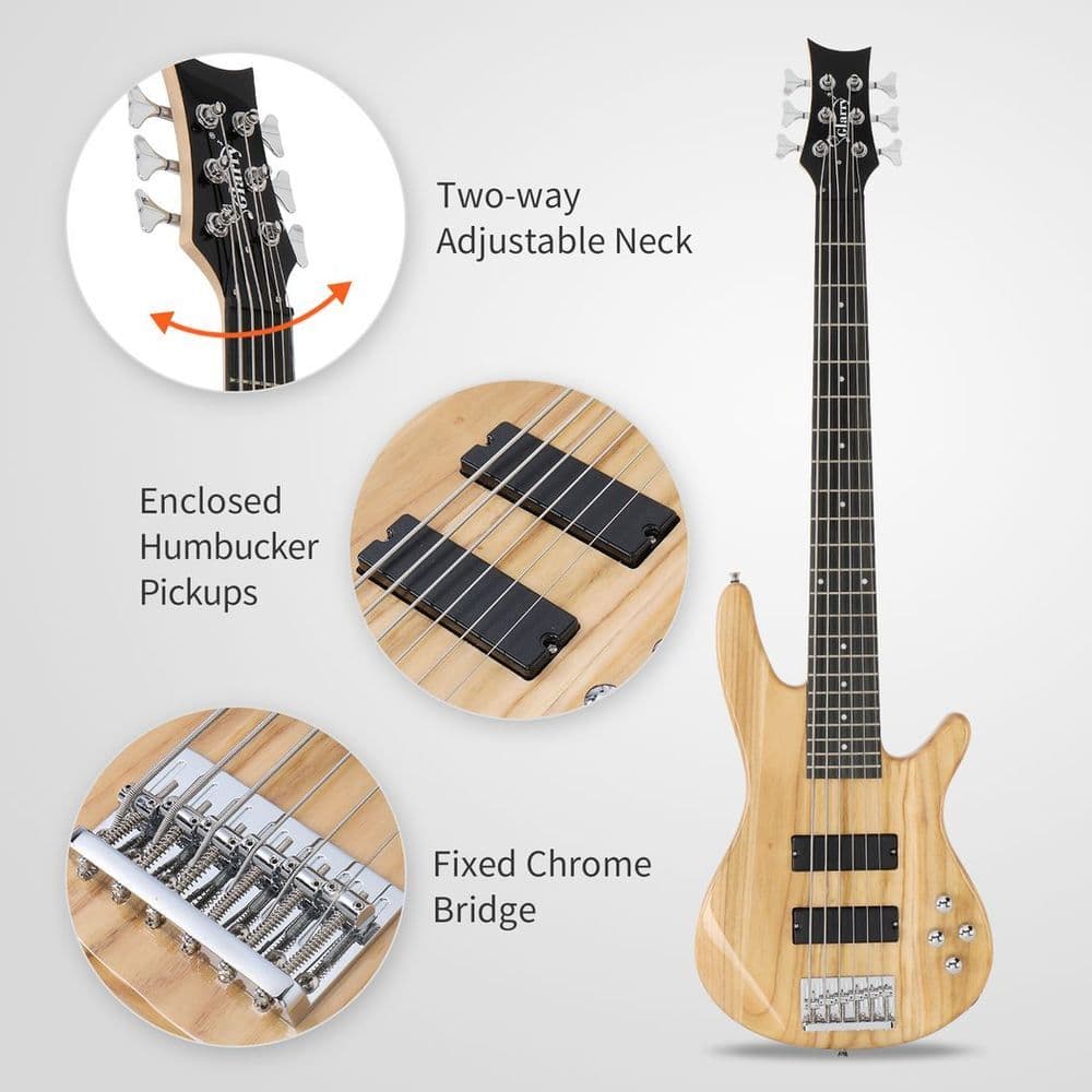 image-Glarry Full Size GIB 6 String H-H Pickup Electric Bass Guitar Bag Strap Pick Connector Wrench Tool Burlywood
