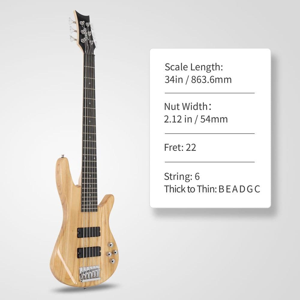 image-Glarry Full Size GIB 6 String H-H Pickup Electric Bass Guitar Bag Strap Pick Connector Wrench Tool Burlywood