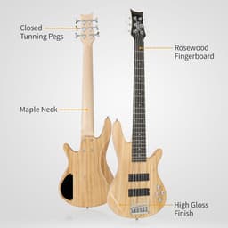 image-Glarry Full Size GIB 6 String H-H Pickup Electric Bass Guitar Bag Strap Pick Connector Wrench Tool Burlywood