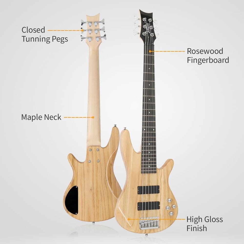 image-Glarry Full Size GIB 6 String H-H Pickup Electric Bass Guitar Bag Strap Pick Connector Wrench Tool Burlywood