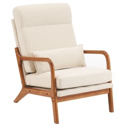 image-High Back Solid Wood Armrest Backrest Iron Frame Linen Indoor Leisure Chair Off-White