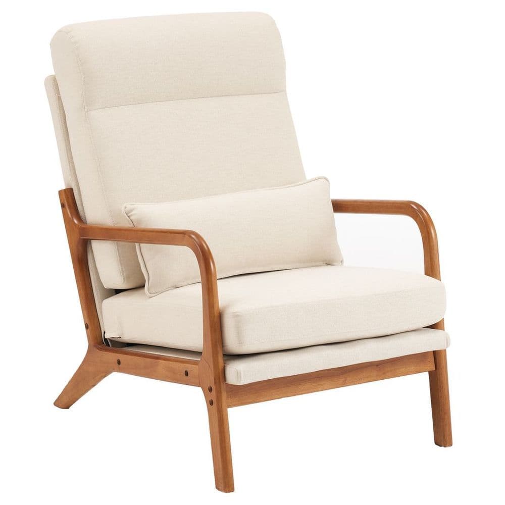 image-High Back Solid Wood Armrest Backrest Iron Frame Linen Indoor Leisure Chair Off-White
