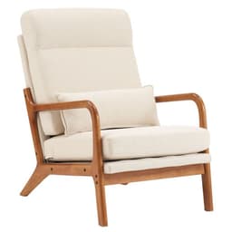 image-High Back Solid Wood Armrest Backrest Iron Frame Linen Indoor Leisure Chair Off-White