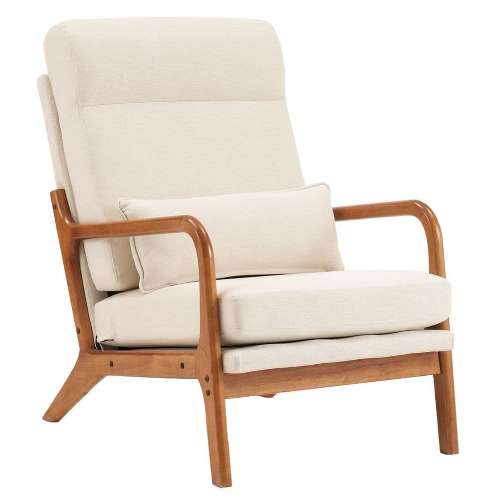 image-High Back Solid Wood Armrest Backrest Iron Frame Linen Indoor Leisure Chair Off-White