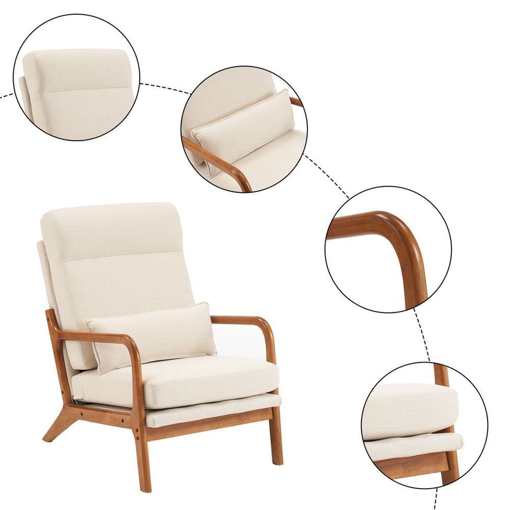 image-High Back Solid Wood Armrest Backrest Iron Frame Linen Indoor Leisure Chair Off-White