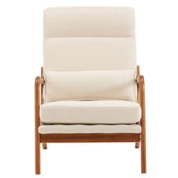 image-High Back Solid Wood Armrest Backrest Iron Frame Linen Indoor Leisure Chair Off-White