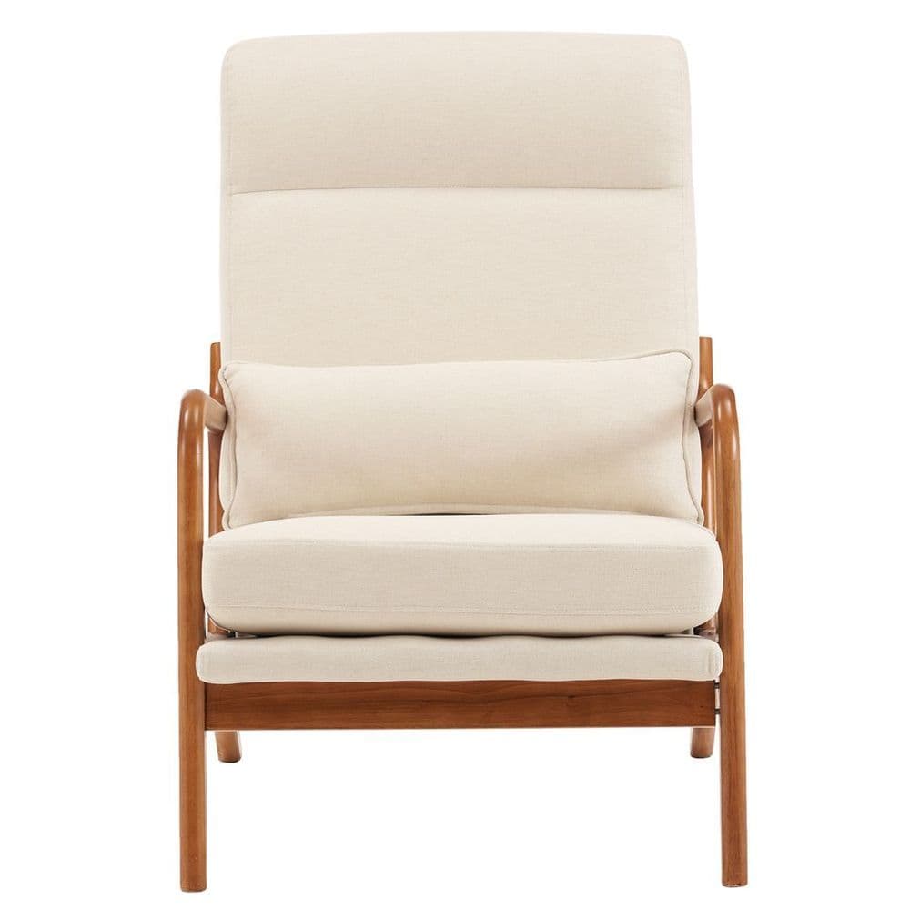 image-High Back Solid Wood Armrest Backrest Iron Frame Linen Indoor Leisure Chair Off-White