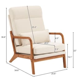 image-High Back Solid Wood Armrest Backrest Iron Frame Linen Indoor Leisure Chair Off-White