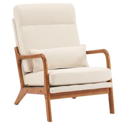 image-High Back Solid Wood Armrest Backrest Iron Frame Linen Indoor Leisure Chair Off-White