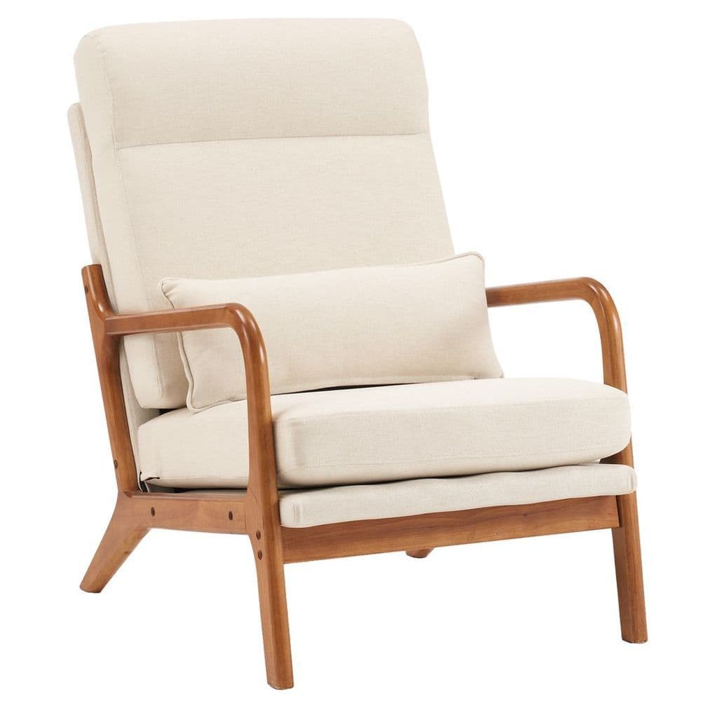 image-High Back Solid Wood Armrest Backrest Iron Frame Linen Indoor Leisure Chair Off-White