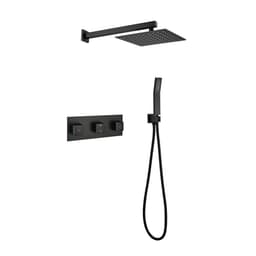image-Brass Matte Black Shower Faucet Set Shower System 10 Inch Rainfall Shower Head with Handheld Sprayer Bathroom Luxury Rain Mixer Combo