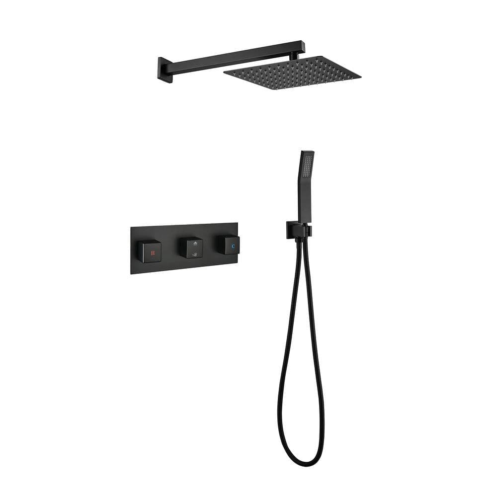 image-Brass Matte Black Shower Faucet Set Shower System 10 Inch Rainfall Shower Head with Handheld Sprayer Bathroom Luxury Rain Mixer Combo