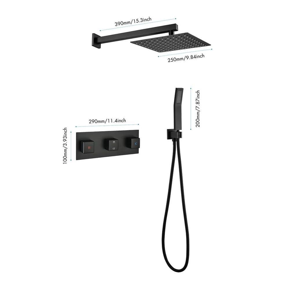 image-Brass Matte Black Shower Faucet Set Shower System 10 Inch Rainfall Shower Head with Handheld Sprayer Bathroom Luxury Rain Mixer Combo