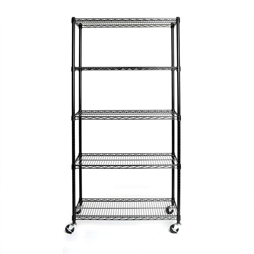 image-5-Tier NSF-Certified Steel Wire Shelving with Wheels Black
