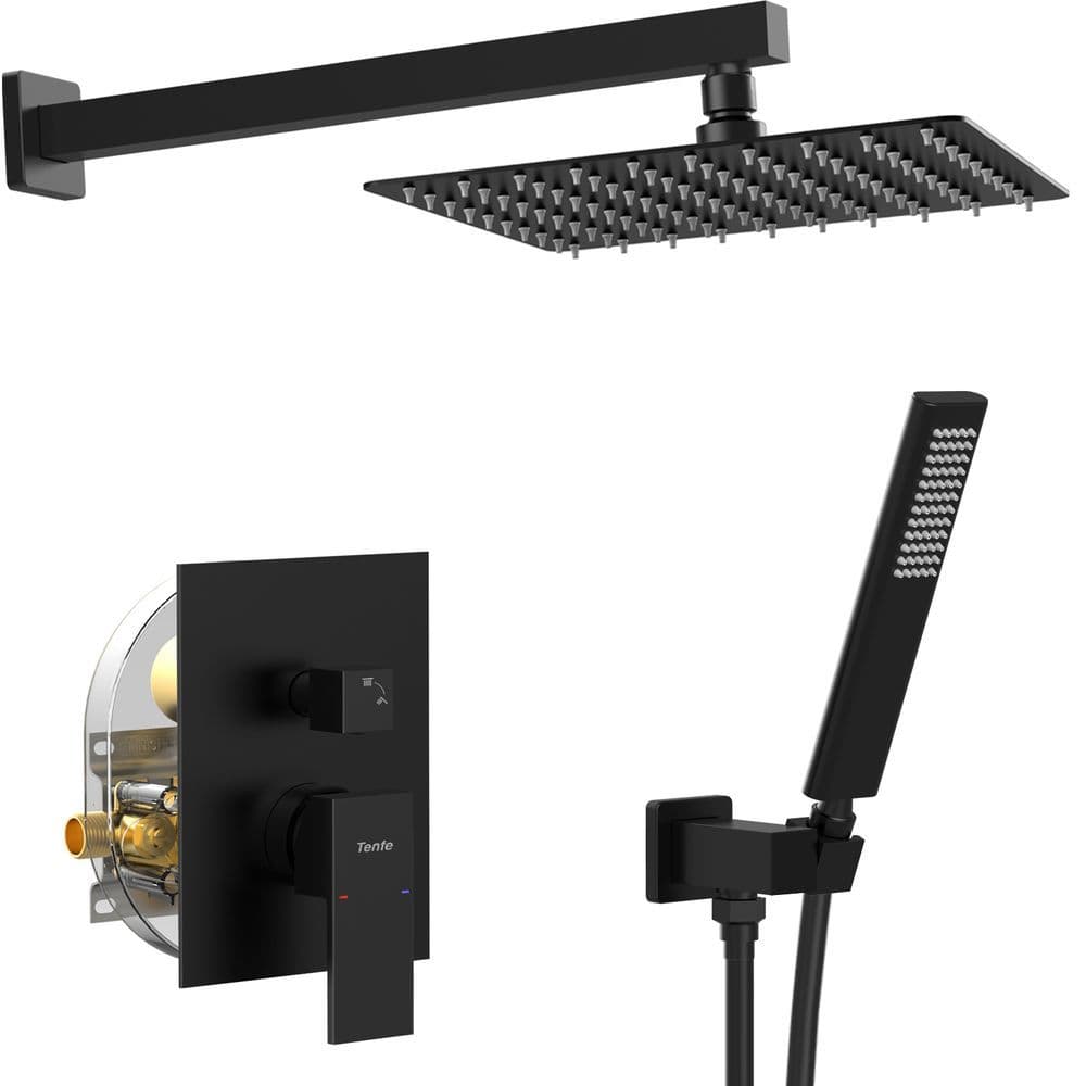image-Male NPT Matte Black Shower System, Shower Faucet Set for Bathroom Shower Fixtures with 10 Inch Rain Shower Head and Handheld (Pressure Balance Shower Trim Valve Kit Included)