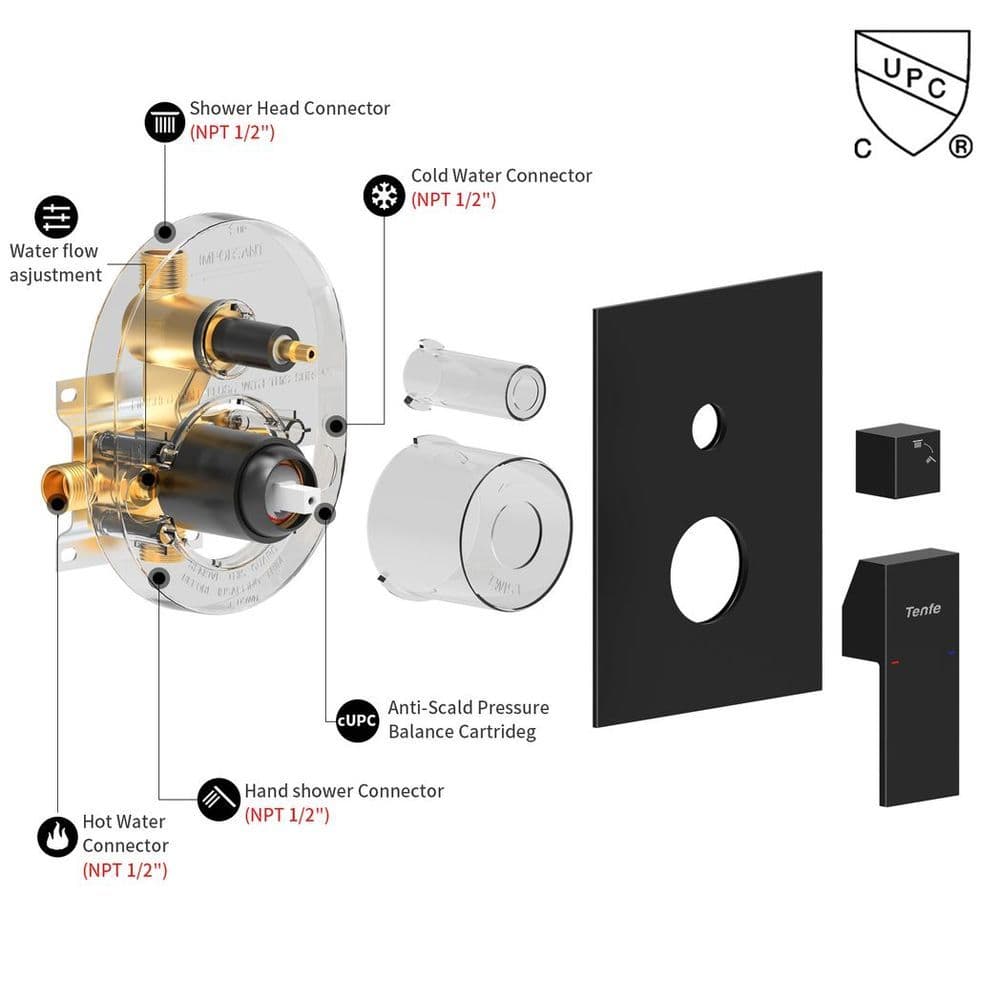 image-Male NPT Matte Black Shower System, Shower Faucet Set for Bathroom Shower Fixtures with 10 Inch Rain Shower Head and Handheld (Pressure Balance Shower Trim Valve Kit Included)