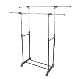 image-Dual-bar Vertical & Horizontal Stretching Stand Clothes Rack with Shoe Shelf YJ-04 Black & Silver