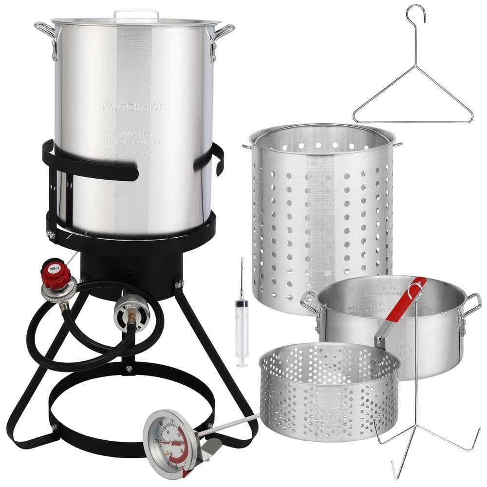 image-13*32inch Four-Piece Set, Black Round Iron Stove Frame, Silver Aluminum 30qt Turkey Pot 10qt Fish Pot, Gas Fryer