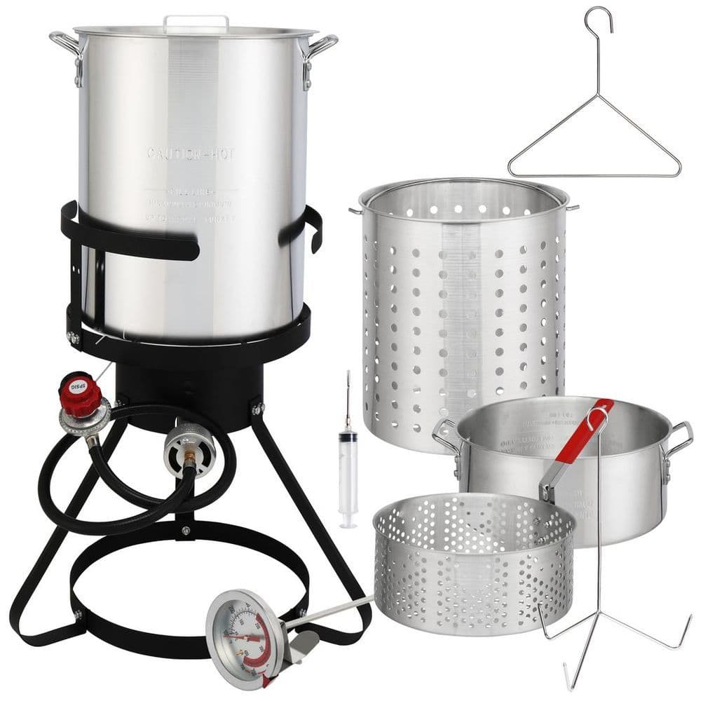 image-13*32inch Four-Piece Set, Black Round Iron Stove Frame, Silver Aluminum 30qt Turkey Pot 10qt Fish Pot, Gas Fryer