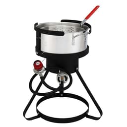 image-13*32inch Four-Piece Set, Black Round Iron Stove Frame, Silver Aluminum 30qt Turkey Pot 10qt Fish Pot, Gas Fryer