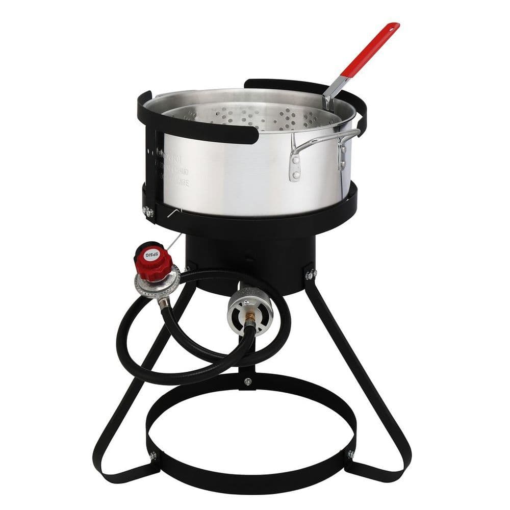 image-13*32inch Four-Piece Set, Black Round Iron Stove Frame, Silver Aluminum 30qt Turkey Pot 10qt Fish Pot, Gas Fryer