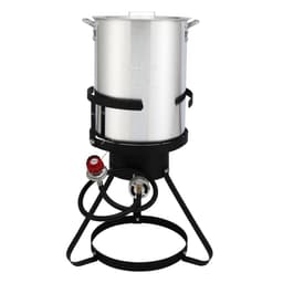 image-13*32inch Four-Piece Set, Black Round Iron Stove Frame, Silver Aluminum 30qt Turkey Pot 10qt Fish Pot, Gas Fryer