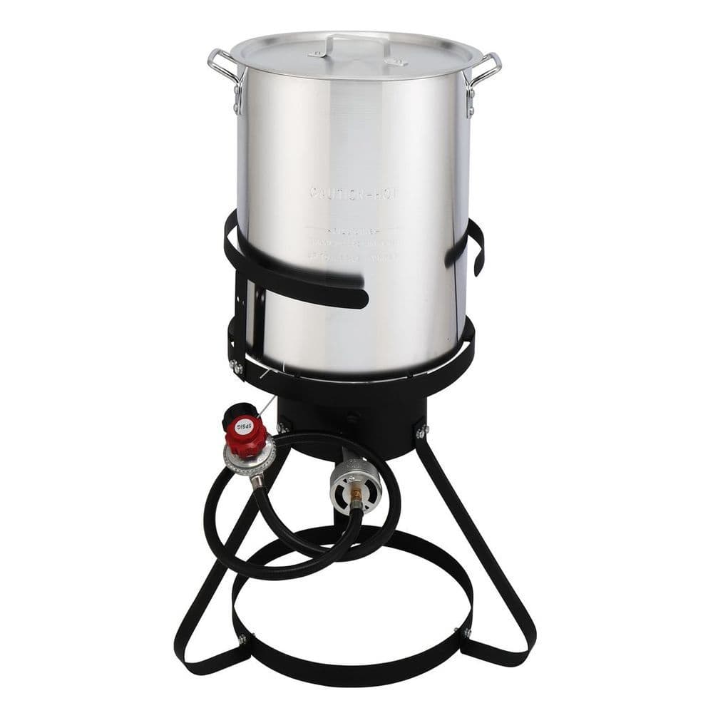 image-13*32inch Four-Piece Set, Black Round Iron Stove Frame, Silver Aluminum 30qt Turkey Pot 10qt Fish Pot, Gas Fryer