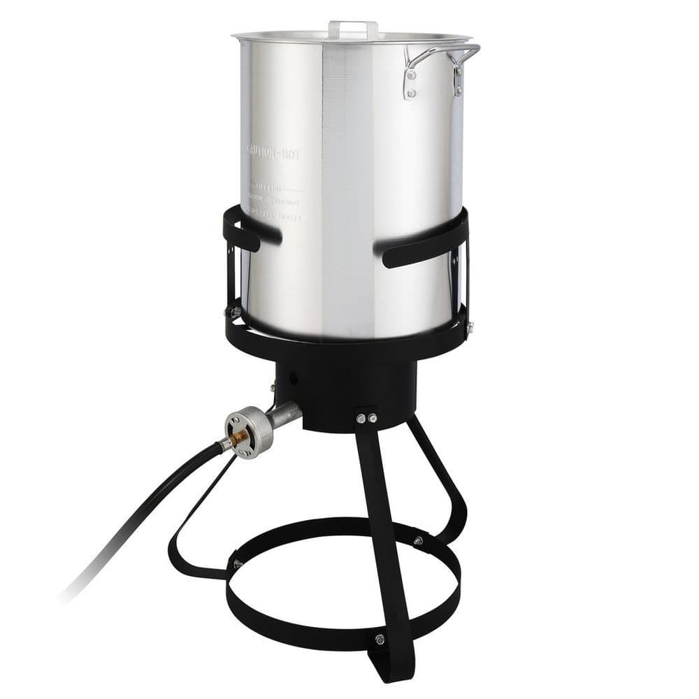 image-13*32inch Four-Piece Set, Black Round Iron Stove Frame, Silver Aluminum 30qt Turkey Pot 10qt Fish Pot, Gas Fryer