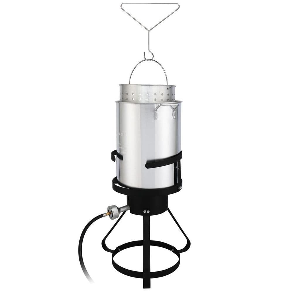 image-13*32inch Four-Piece Set, Black Round Iron Stove Frame, Silver Aluminum 30qt Turkey Pot 10qt Fish Pot, Gas Fryer