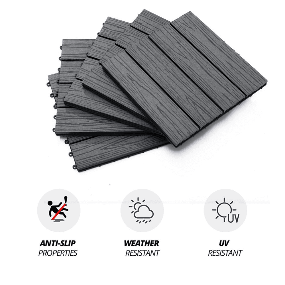 image-12" x 12" Interlocking Deck Tiles, Pack of 11 Outdoor Flooring Patio Tiles-Grey-AS