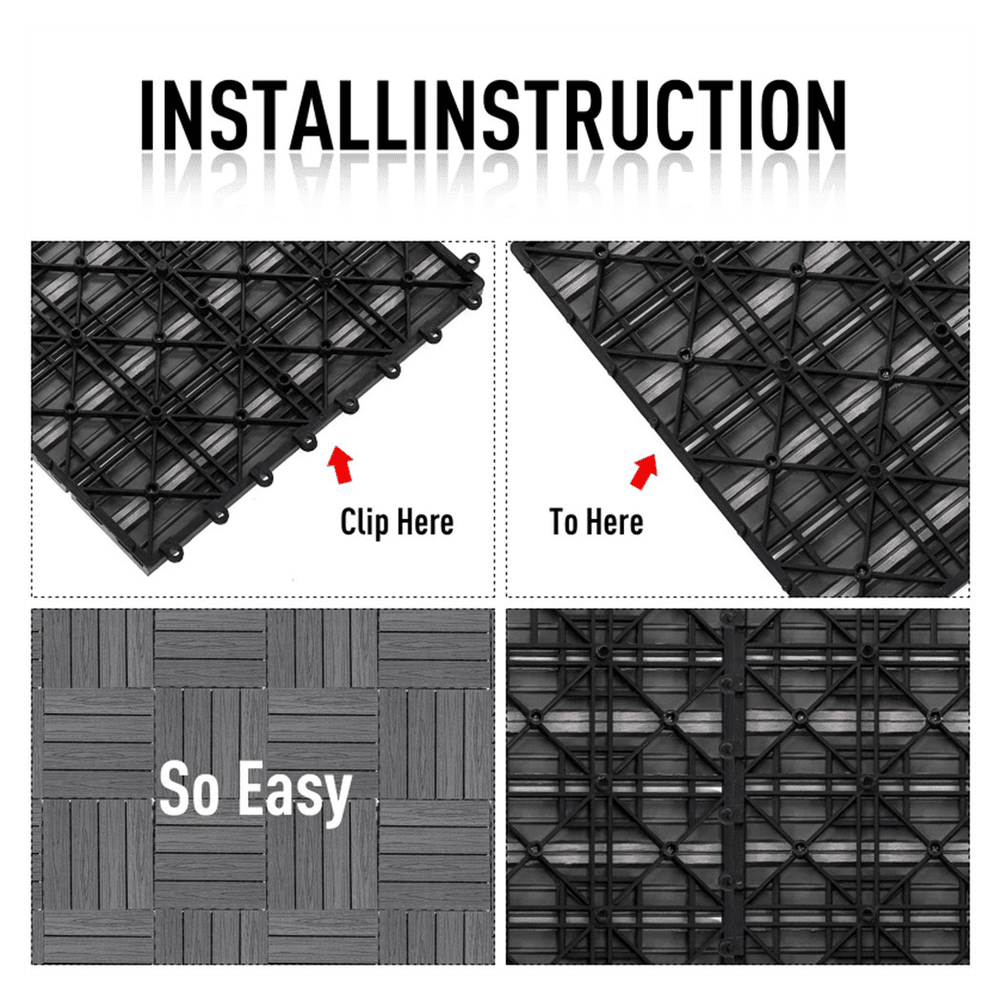 image-12" x 12" Interlocking Deck Tiles, Pack of 11 Outdoor Flooring Patio Tiles-Grey-AS