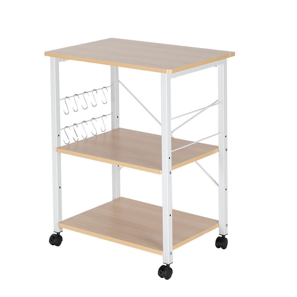 image-Baker's Rack 3-Tier Kitchen Utility Microwave Oven Stand Storage Cart Workstation Shelf(Light Beige Top White Metal Frame)