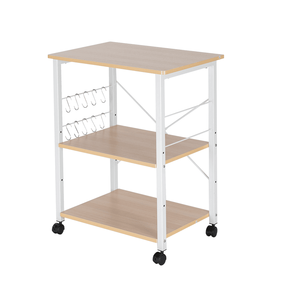 image-Baker's Rack 3-Tier Kitchen Utility Microwave Oven Stand Storage Cart Workstation Shelf(Light Beige Top White Metal Frame)