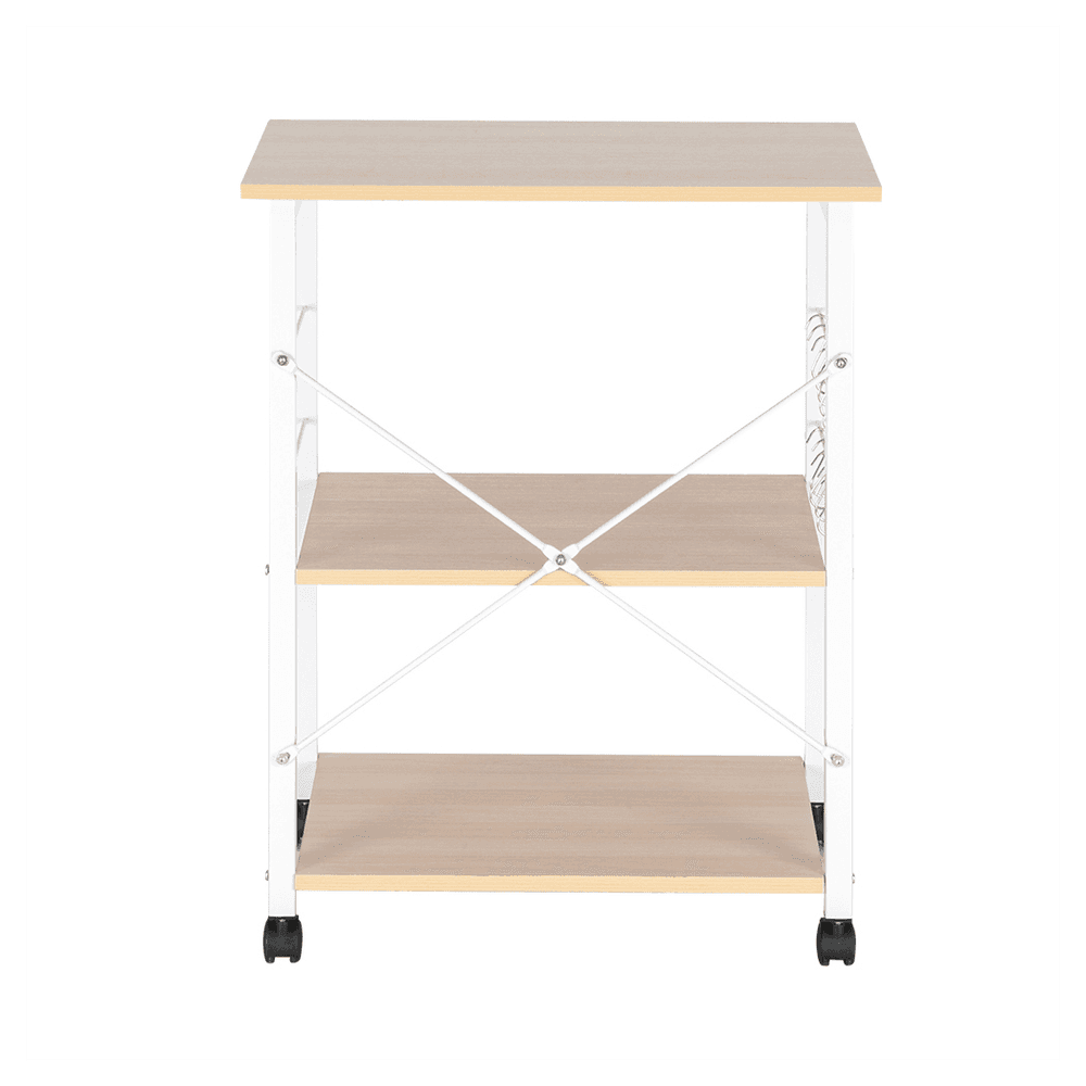 image-Baker's Rack 3-Tier Kitchen Utility Microwave Oven Stand Storage Cart Workstation Shelf(Light Beige Top White Metal Frame)