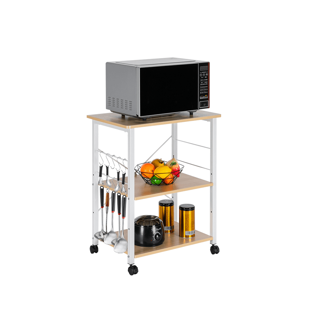 image-Baker's Rack 3-Tier Kitchen Utility Microwave Oven Stand Storage Cart Workstation Shelf(Light Beige Top White Metal Frame)
